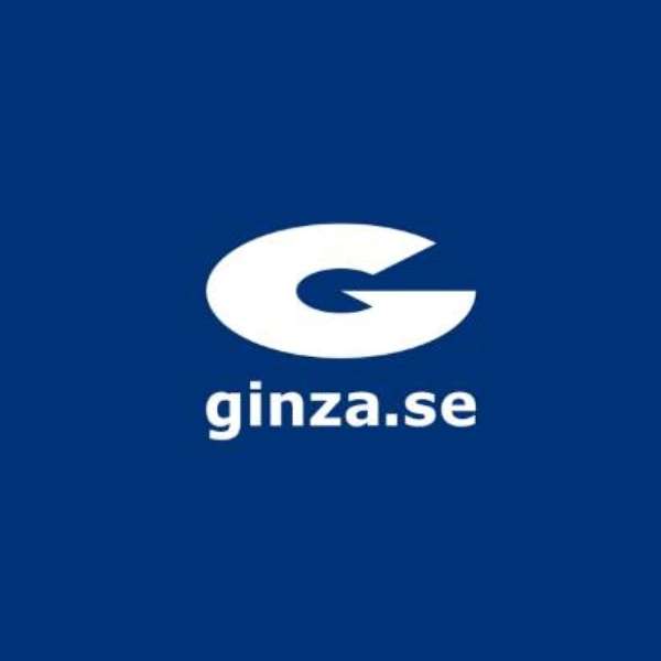 Ginza logotyp. Vitt stiliserat G på blå bakgrund.