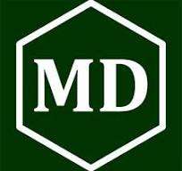 Militär Debatt logotyp. MD inuti en hexagon. Grön bakgrund.